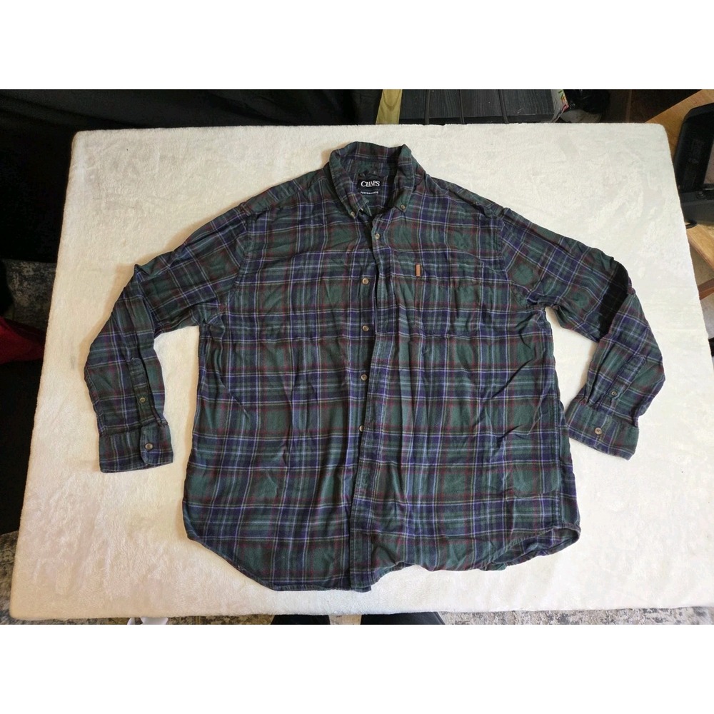 M391 CHAPS Performance Men's 2XL Plaid Flannel Shirt 100% Cotton Green